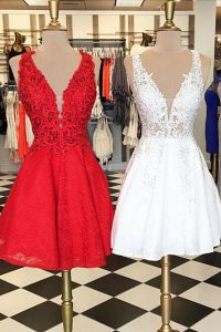 Custom Design Sleeveless Lace Knee Length Zipper Prom Dresses in Red with Lace