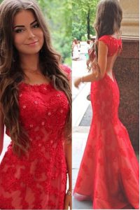 Mermaid Scoop Red Cap Sleeves Sweep Train Lace and Appliques With Train Prom Dress