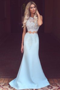 Modern Mermaid Scoop Sleeveless Dress for Prom Sweep Train Lace Light Blue Satin