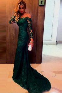 Off the Shoulder Lace Mermaid Long Sleeves Dark Green Dress for Prom Sweep Train Zipper