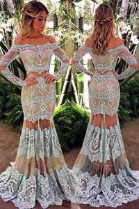 New Style Mermaid White Off The Shoulder Neckline Lace Prom Dress Long Sleeves Zipper