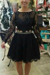 Sumptuous Scoop Black Backless Evening Dress Lace Long Sleeves Knee Length