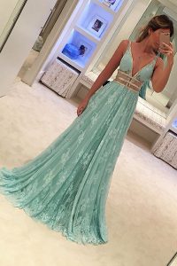 Deluxe Apple Green Prom Dresses Lace Sweep Train Sleeveless Beading