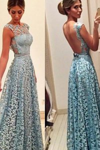 Bateau Sleeveless Prom Evening Gown Floor Length Lace Turquoise Lace