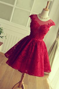 Scoop Red Lace Up Prom Dresses Appliques Cap Sleeves Knee Length
