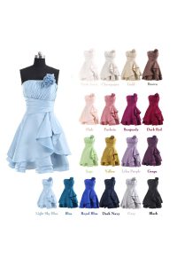Modern Lavender Satin Lace Up Strapless Sleeveless Knee Length Prom Dress Pleated and Hand Made Flower