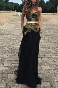 Black Sleeveless Lace and Appliques Floor Length Evening Dress