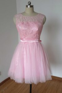 Colorful Scoop Pink Sleeveless Knee Length Lace and Bowknot Backless Evening Dress