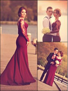 Sexy Burgundy Elastic Woven Satin Zipper Sweetheart Long Sleeves With Train Dress for Prom Court Train Lace and Applique
