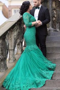 Fitting Mermaid With Train Green Homecoming Dress V-neck Long Sleeves Chapel Train Lace Up