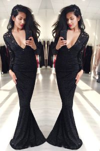 Mermaid Floor Length Black Evening Dress Lace Long Sleeves Lace