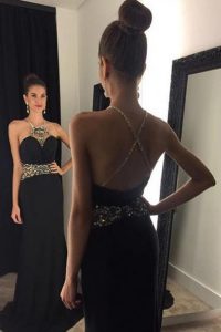 Fashion Mermaid Black Halter Top Criss Cross Beading Prom Evening Gown Brush Train Sleeveless