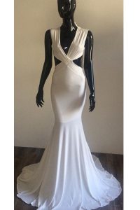 Mermaid V-neck Sleeveless Brush Train Backless Prom Evening Gown White Elastic Woven Satin