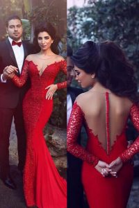 Decent Mermaid Scoop Red Elastic Woven Satin Zipper Homecoming Dress Long Sleeves With Train Sweep Train Beading