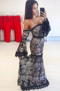 Latest Mermaid Off the Shoulder Black Long Sleeves Sweep Train Lace Prom Dresses