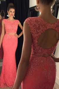 Customized Mermaid Lace Sleeveless Sweep Train Backless With Train Beading and Appliques Prom Dresses