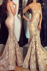 Inexpensive Mermaid Champagne Zipper Sweetheart Pleated Dress for Prom Lace Sleeveless Sweep Train