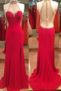 Mermaid Red Halter Top Zipper Beading Dress for Prom Sleeveless
