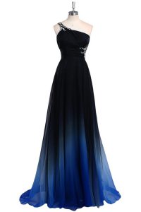 Extravagant One Shoulder Sleeveless Criss Cross Prom Party Dress Navy Blue Chiffon
