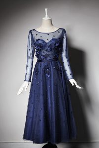 Excellent Scoop Long Sleeves Tea Length Beading and Hand Made Flower Zipper Prom Evening Gown with Navy Blue