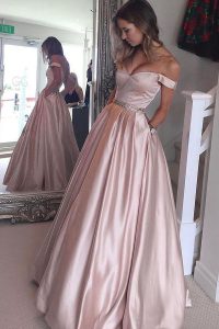 Off the Shoulder Pink A-line Beading Prom Party Dress Zipper Satin Short Sleeves Floor Length