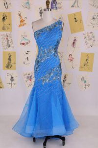 Mermaid Blue Prom Dress Prom and Party and For with Beading One Shoulder Sleeveless Zipper