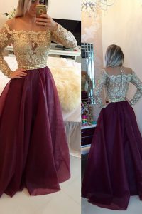 Custom Made Scoop Burgundy A-line Beading and Appliques Prom Dresses Zipper Organza Long Sleeves Floor Length