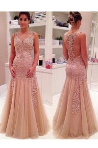 Wonderful Mermaid Peach Sleeveless Tulle Zipper Homecoming Dress for Prom and Party