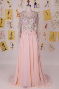 Brush Train Column/Sheath Dress for Prom Pink Scoop Chiffon Long Sleeves With Train Zipper