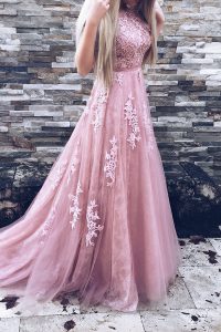 Wonderful Scoop Sleeveless Appliques and Sashes ribbons Zipper Prom Party Dress with Pink Sweep Train