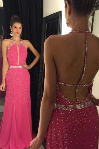 Fashion Hot Pink Evening Dress Prom and For with Beading Scoop Sleeveless Sweep Train Backless