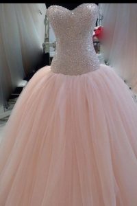 Perfect Pink Ball Gowns Tulle Sweetheart Sleeveless Beading and Sequins and Bowknot Floor Length Zipper Evening Dress