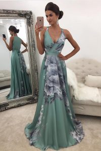 Printed With Train Green Prom Evening Gown V-neck Sleeveless Sweep Train Zipper