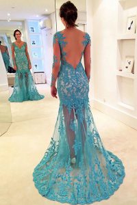 High End Blue Mermaid V-neck Long Sleeves Lace With Brush Train Backless Lace