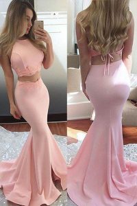 Pink Mermaid Scoop Sleeveless Elastic Woven Satin With Train Sweep Train Backless Lace Prom Party Dress