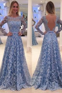 Comfortable Blue A-line Lace Scoop Long Sleeves Lace Backless Evening Dress Sweep Train