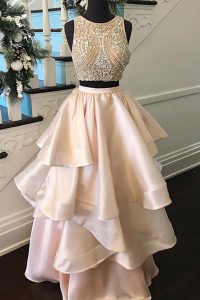 Scoop Sleeveless Satin Floor Length Zipper Prom Dress in Peach with Beading