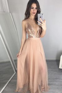 Customized Peach Zipper Prom Dress Sequins and Pleated Sleeveless Floor Length