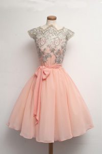 Affordable Chiffon Scalloped Cap Sleeves Zipper Appliques Homecoming Dress in Peach