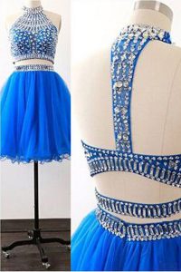 Royal Blue High-neck Zipper Sashes ribbons Evening Dress Sleeveless