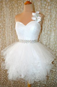 White Zipper One Shoulder Beading Prom Dresses Organza Sleeveless