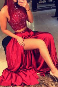 Halter Top Red Sleeveless Beading Floor Length Prom Party Dress
