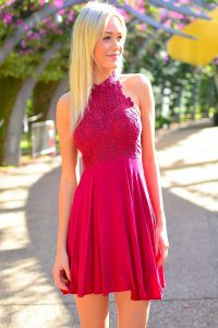 Fitting Halter Top Sleeveless Zipper Prom Party Dress Hot Pink Chiffon