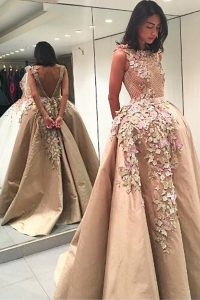Fine Sleeveless Satin Floor Length Backless in Champagne with Lace and Appliques