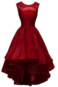 Sleeveless Organza High Low Zipper Prom Dress in Wine Red with Beading