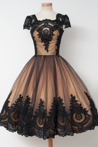 Cap Sleeves Knee Length Lace Zipper Prom Dresses with Black