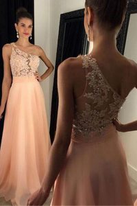 One Shoulder Sleeveless Sweep Train Beading and Lace Side Zipper Dress for Prom