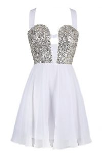 White Straps Neckline Sequins Prom Evening Gown Sleeveless Criss Cross