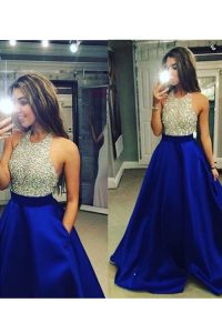 Inexpensive A-line Prom Dresses Blue Halter Top Chiffon Sleeveless Floor Length Backless