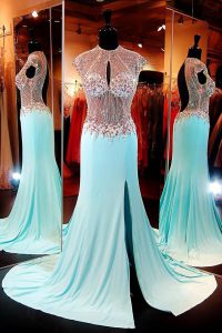 Edgy Chiffon High-neck Cap Sleeves Sweep Train Backless Beading Prom Party Dress in Aqua Blue